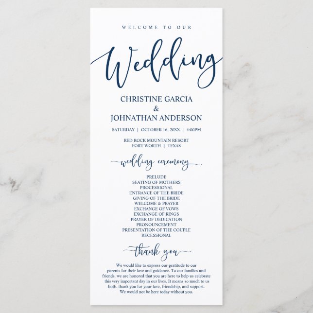 Our Wedding Ceremony, Classy Navy Blue Program (Front)