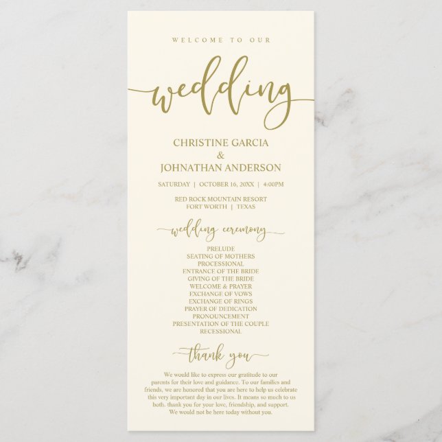 Our Wedding Ceremony, Elegant Classy Gold Program (Front)