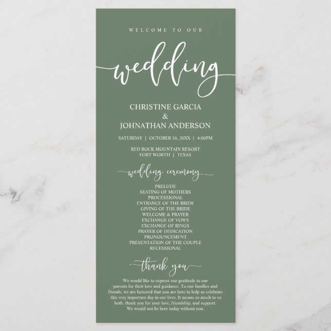 Our Wedding Ceremony, Elegant Sage Green Program (Front)
