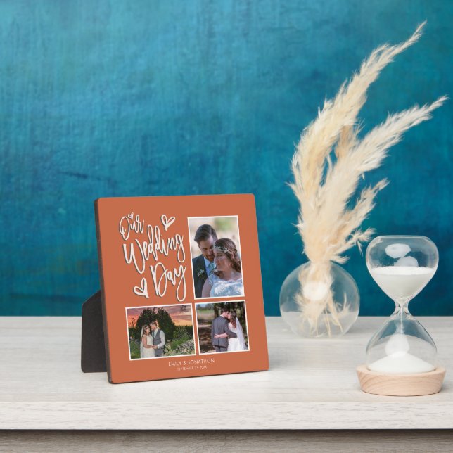 Our Wedding Day Collage 3 Photo Script Terracotta  Plaque (Insitu)