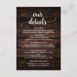Our Wedding Details, Rustic Dark Wood Themed Enclosure Card