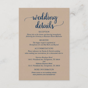 Our Wedding Details, Rustic Kraft Navy Blue Script Enclosure Card