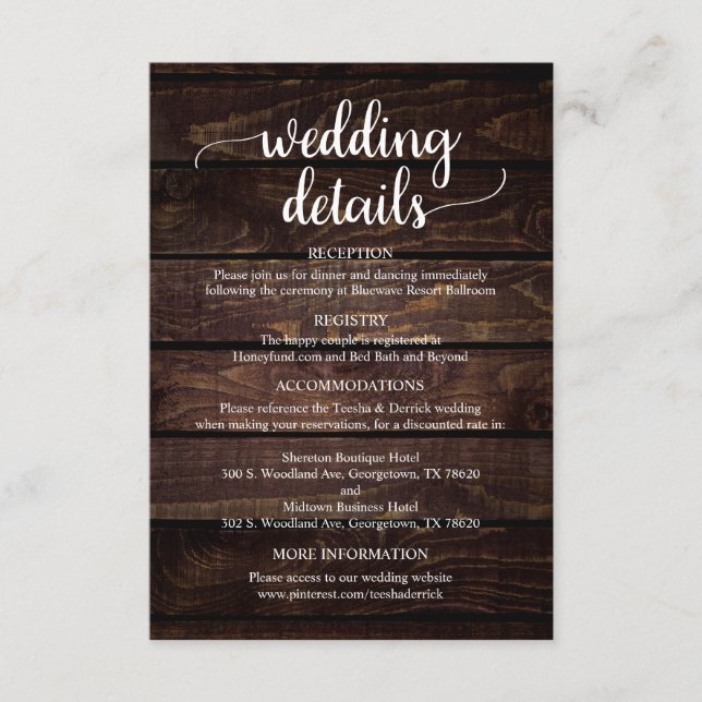 Our Wedding Details, Rustic Navy Blue Script Enclo Enclosure Card (Front)