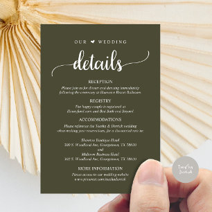Our Wedding Details, Rustic Olive Green Enclosure Card