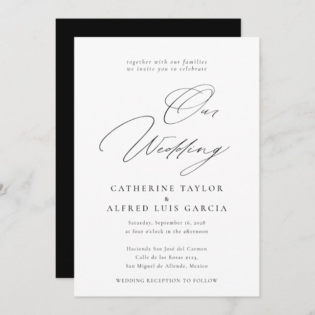 Our Wedding Elegant Calligraphy Black Wedding Invitation (Front/Back)