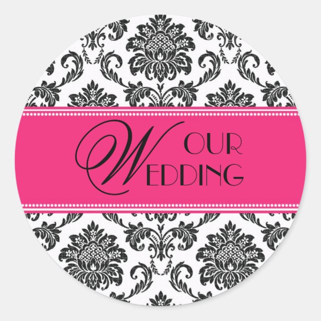 Our Wedding Fuchsia Orange Damask Sticker (Front)