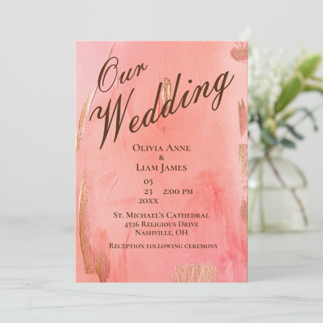 Our Wedding Gold Peach Brown Elegant Wedding Invitation (Standing Front)
