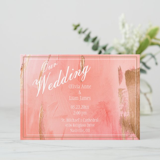 Our Wedding Gold Pink Peach Modern Elegant Wedding Invitation (Standing Front)