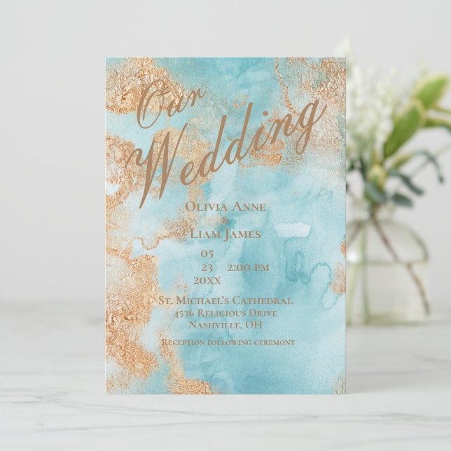 Our Wedding Gold Turquoise AbstractElegant Wedding Invitation (Standing Front)