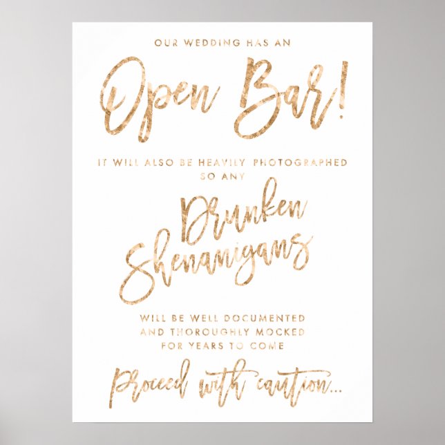 Our Wedding Has An Open Bar Sign Gold Foil Effect (Front)