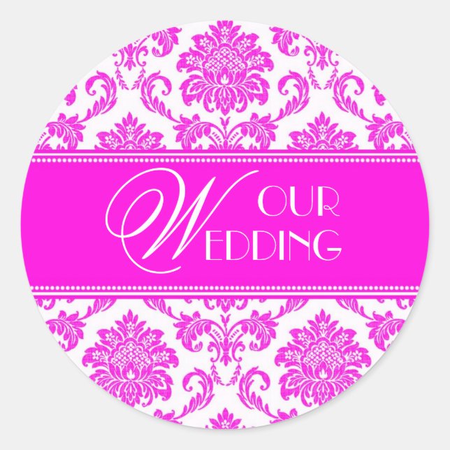 Our Wedding Hot Pink Damask Sticker (Front)