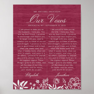 Our Wedding Vows Burgundy Floral Wood Anniversary Poster