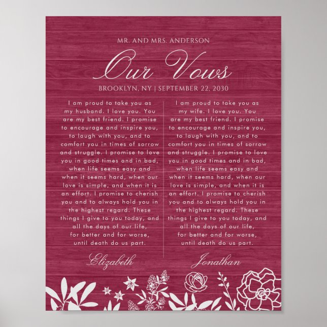Our Wedding Vows Burgundy Floral Wood Anniversary Poster (Front)