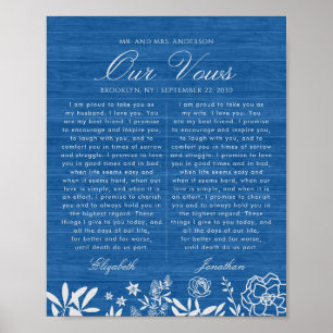 Our Wedding Vows Navy Blue Floral Wood Anniversary Poster