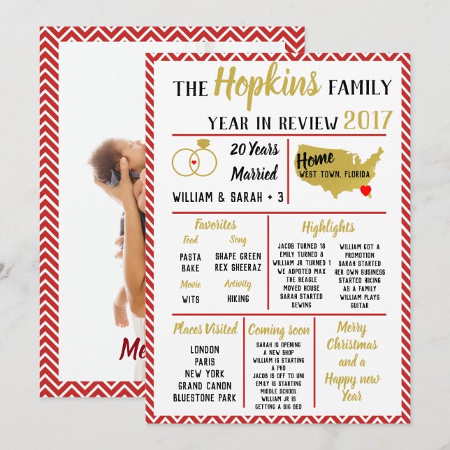 our year in review, family event Christmas red Holiday Card (Front/Back)