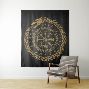 Ouroboros & Vegvisir – Norse Compass Rune Circle D Tapestry