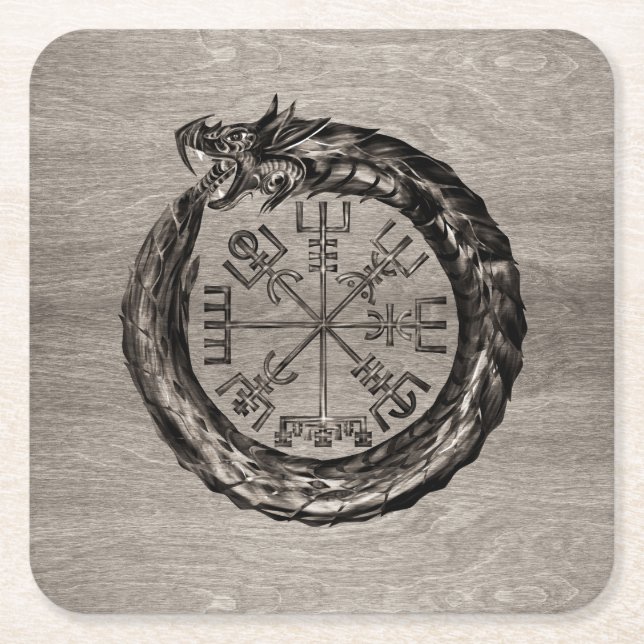 Ouroboros with Vegvisir Square Paper Coaster (Front)