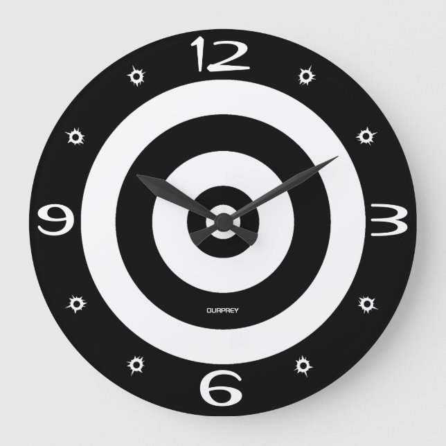 Ourprey Shooting Target Bullet Holes Timepiece B/W Large Clock (Front)