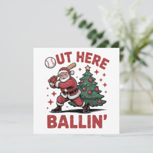 Out Here Ballin' Santa Playing Baseball Christmas Holiday Card