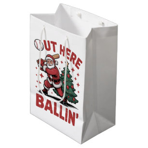 Out Here Ballin' Santa Playing Baseball Christmas Medium Gift Bag