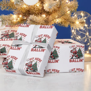Out Here Ballin' Santa Playing Baseball Christmas Wrapping Paper