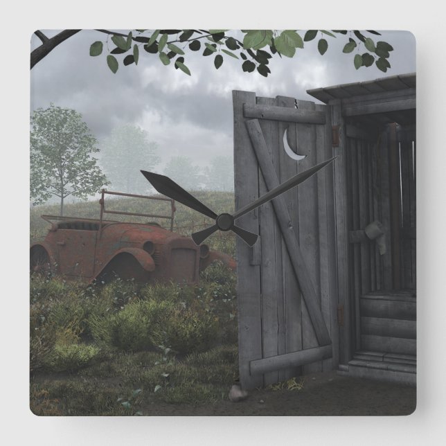 OUT HOUSE AND RUSTED CAR CLOCK (Front)