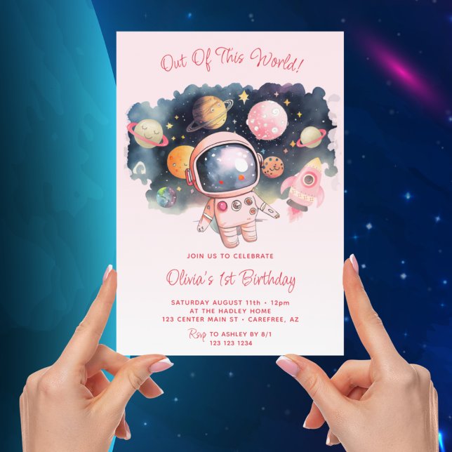 Out Of This World Pink 1st Birthday Invitation (Creator Uploaded)