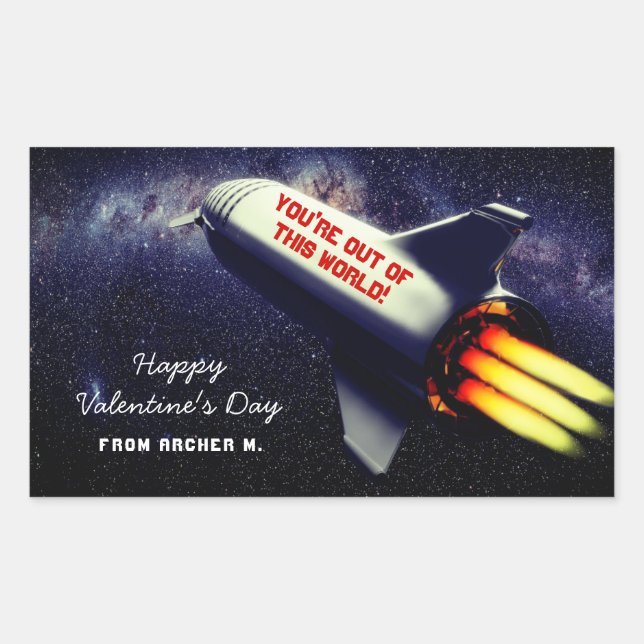 Out of This World Retro Rocket Kids Valentine Rectangular Sticker (Front)