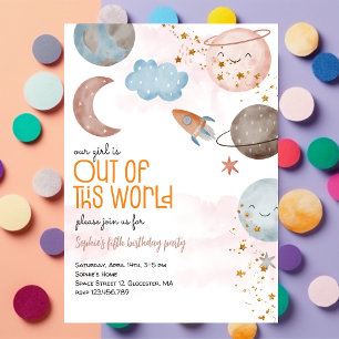 Out of this world space adventure kids birthday invitation