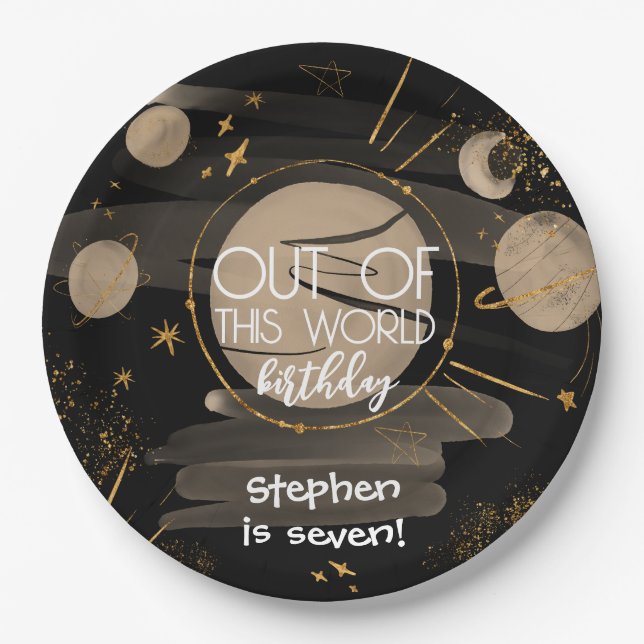 Out of this world space birthday paper plate (Front)
