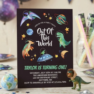 Out Of This World Space Dinosaur Galaxy Birthday   Invitation