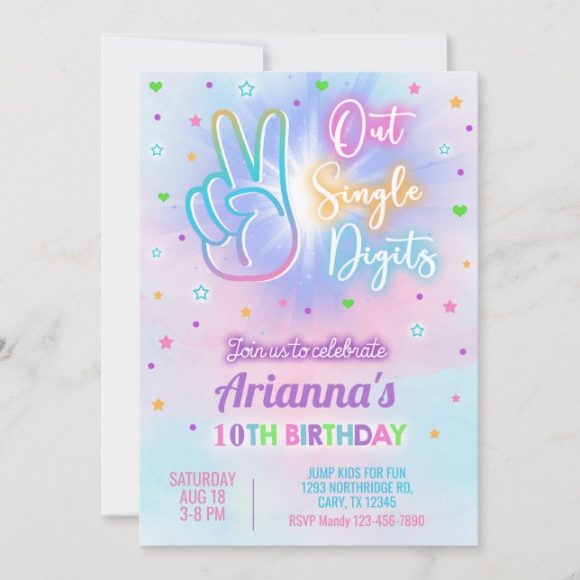 OUT SINGLE DIGITS girl 10th birthday invite. Invitation (Front)