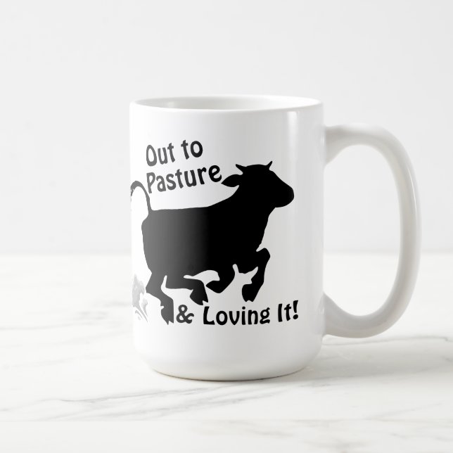 Out to Pasture & Loving It Funny Cow Retirement Coffee Mug (Right)