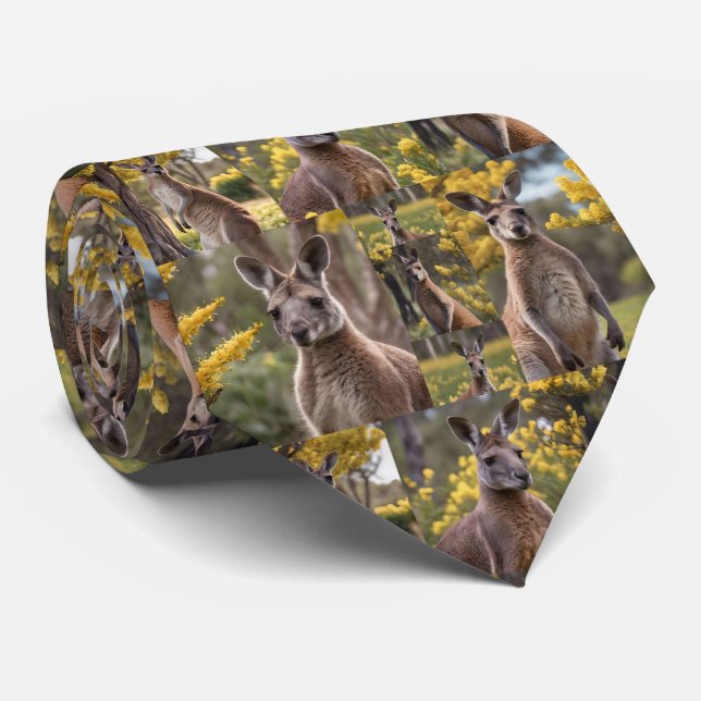 Outback Beauty: Kangaroo And Wattle Photo Collage Tie (Rolled)