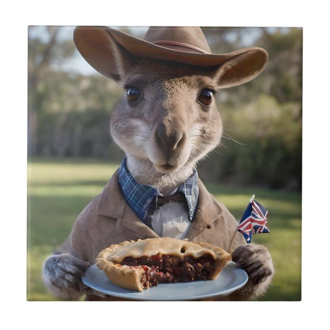"Outback Delight: A Kangaroo Eats Aussie Meat Pie Ceramic Tile (Front)