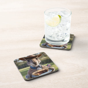 "Outback Delight: A Kangaroo Eats Aussie Meat Pie Coaster
