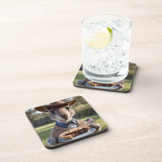 "Outback Delight: A Kangaroo Eats Aussie Meat Pie Coaster (Right Side)