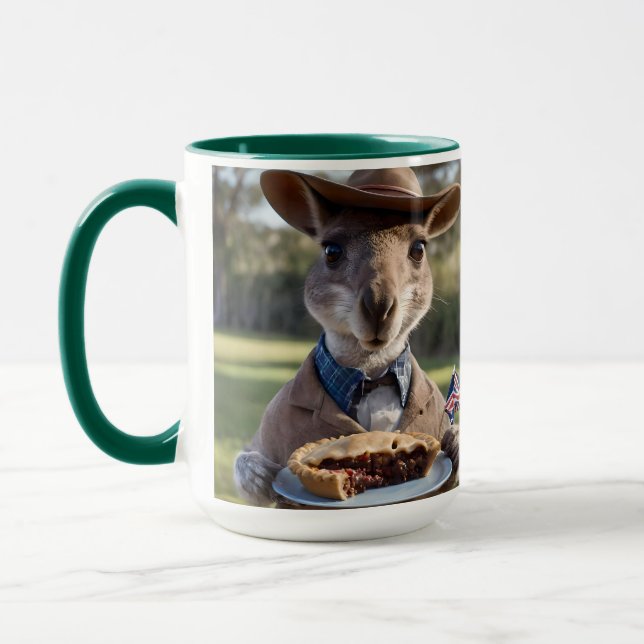 "Outback Delight: A Kangaroo Eats Aussie Meat Pie Mug (Left)