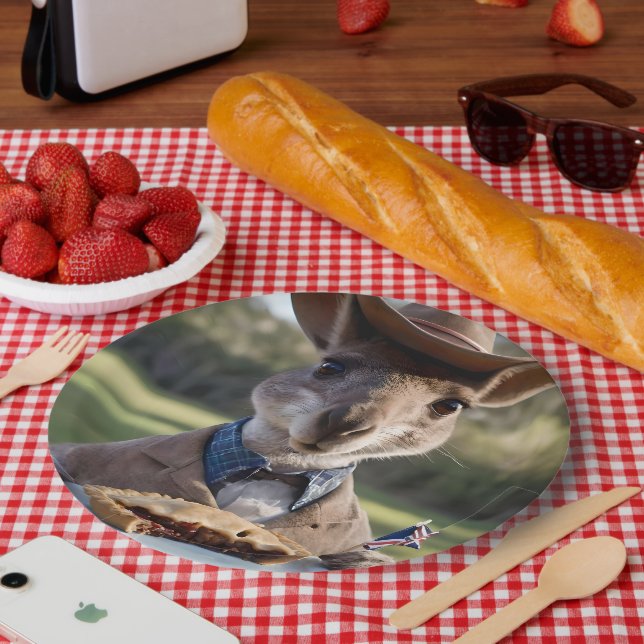 "Outback Delight: A Kangaroo Eats Aussie Meat Pie Paper Plate (Picnic)