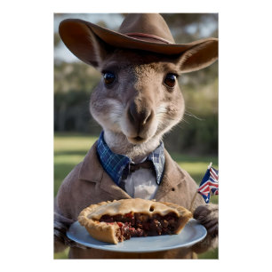"Outback Delight: A Kangaroo Eats Aussie Meat Pie Poster