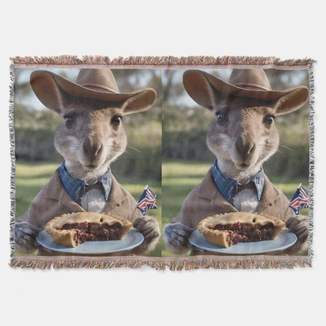 "Outback Delight: A Kangaroo Eats Aussie Meat Pie Throw Blanket (Front)