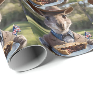 "Outback Delight: A Kangaroo Eats Aussie Meat Pie Wrapping Paper
