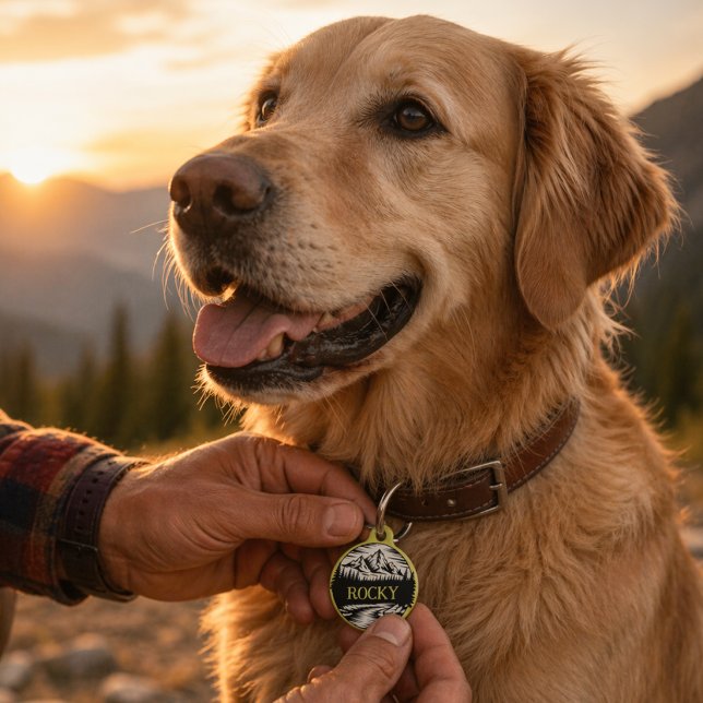 Outdoor Adventure Mountain Personalized Pet Tag (Rugged mountain adventure dog tag with nature vibes, perfect for explorers and trail loving pups too)