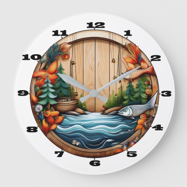 Outdoor And Fishing Motif on Wood Large Clock (Front)