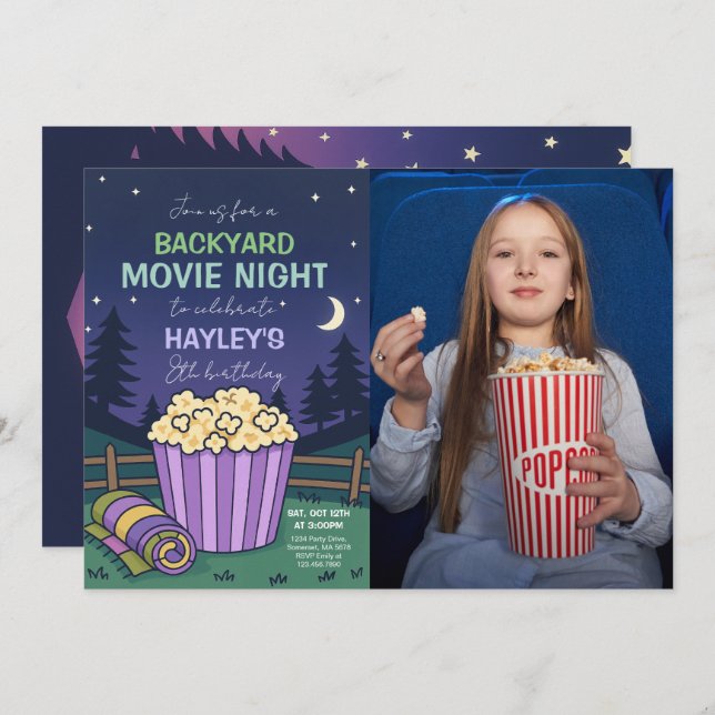 Outdoor Backyard Movie Night Birthday Photo Invitation (Front/Back)