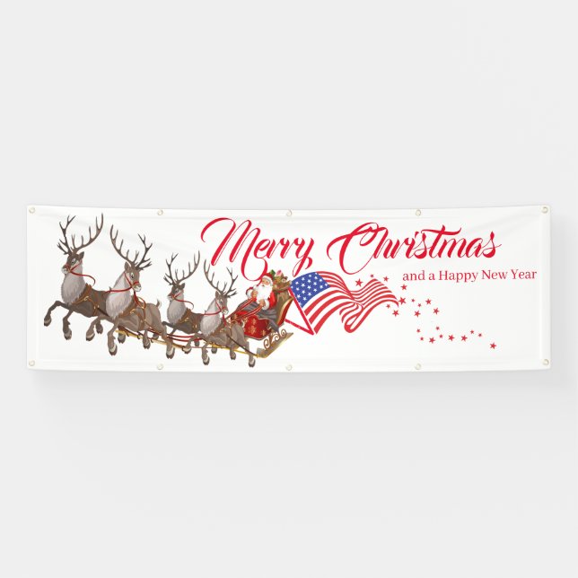 Outdoor Banner Santa Reindeer US Flag Christmas (Horizontal)