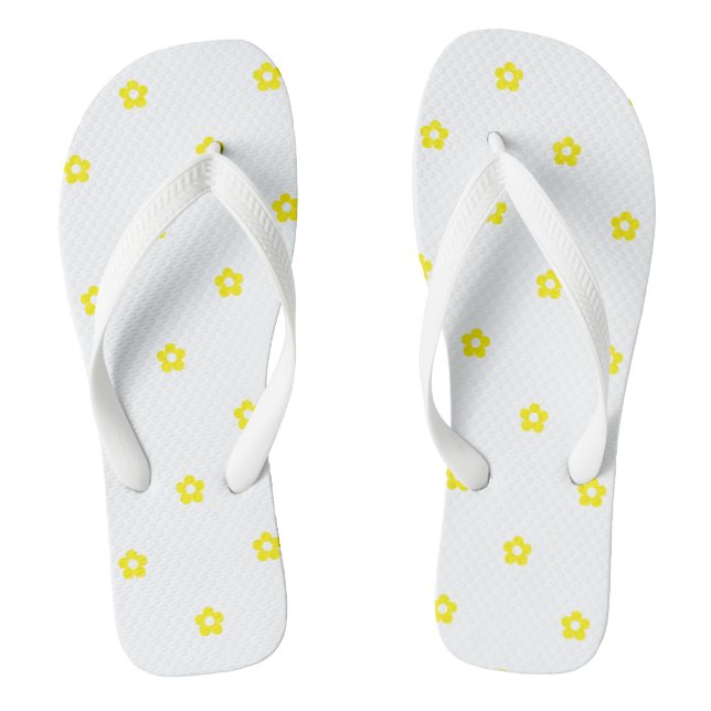 Outdoor Beach Yellow Flower Printed White Strap  Thongs (Footbed)