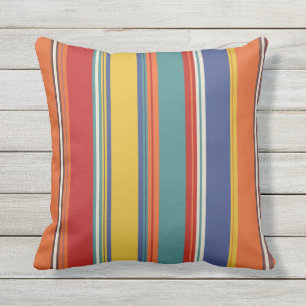 Outdoor Bright Blue Red Orange Teal Stripe Design Cushion