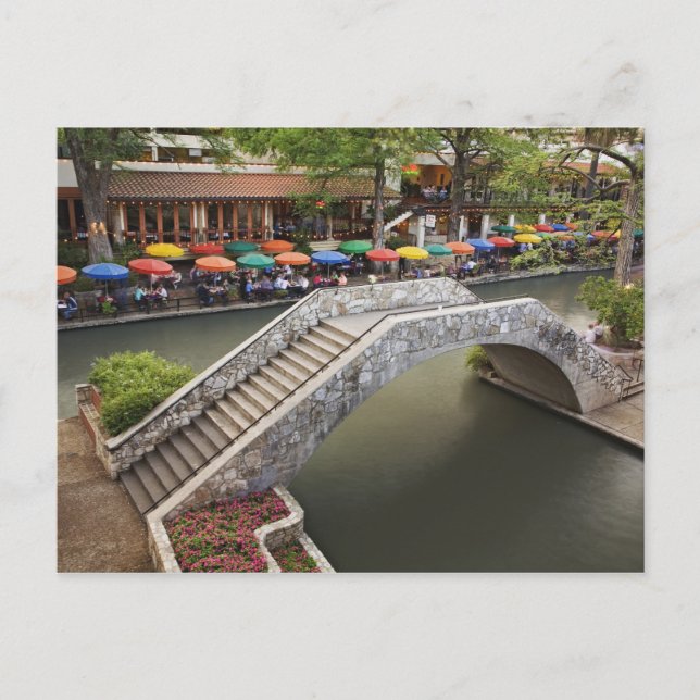 Outdoor cafe along River Walk and bridge over 2 Postcard (Front)