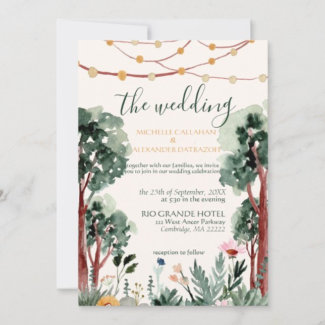Outdoor Floral Trees Lights Wedding Invitation (Front)